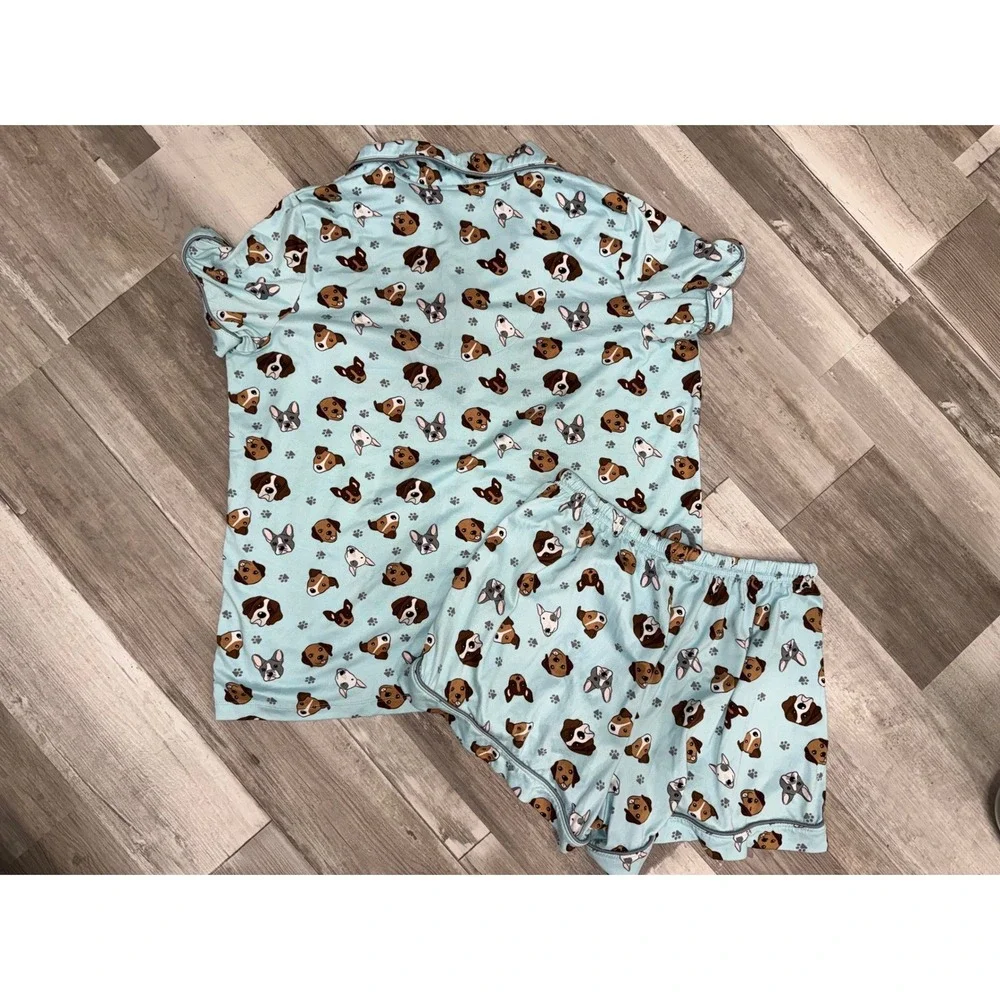 Pillow Talk Pajama Set Women Blue Dog Print Button Down Shorts M